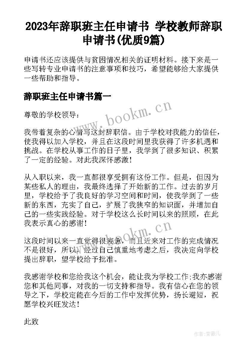 2023年辞职班主任申请书 学校教师辞职申请书(优质9篇)