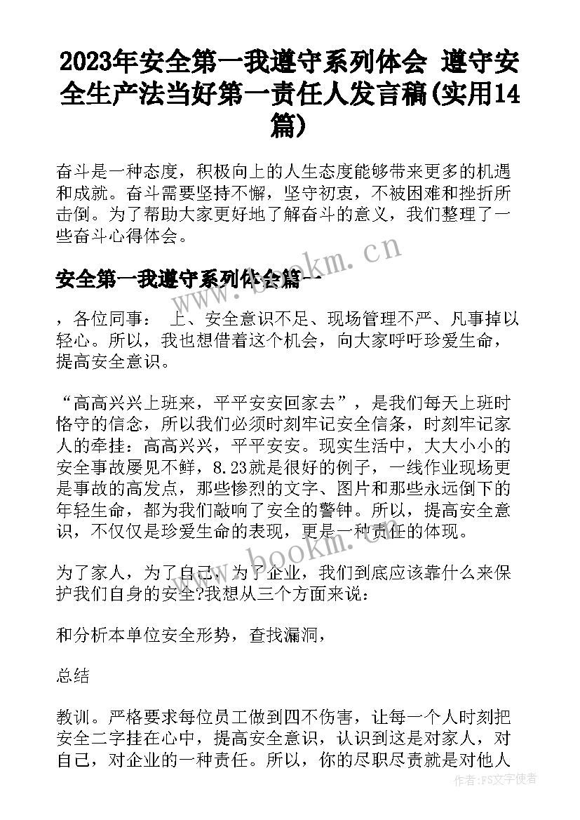 2023年安全第一我遵守系列体会 遵守安全生产法当好第一责任人发言稿(实用14篇)