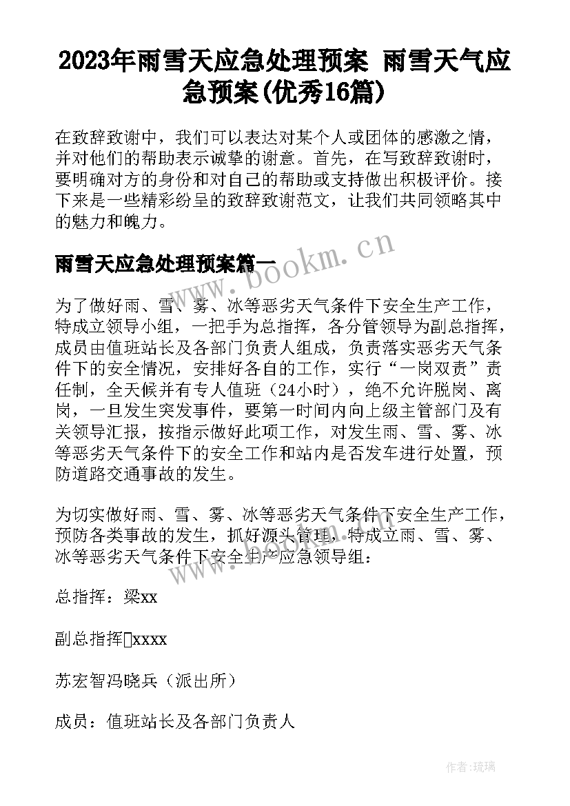 2023年雨雪天应急处理预案 雨雪天气应急预案(优秀16篇)