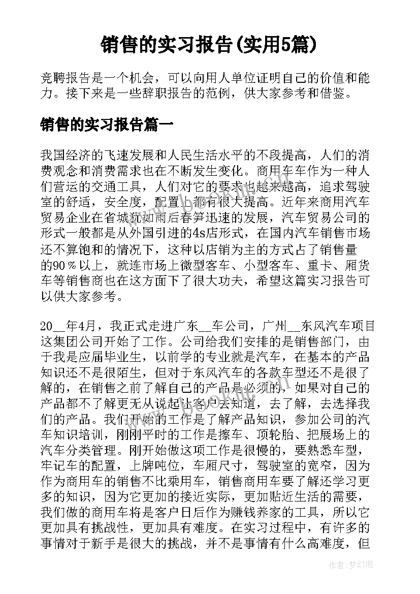 销售的实习报告(实用5篇)