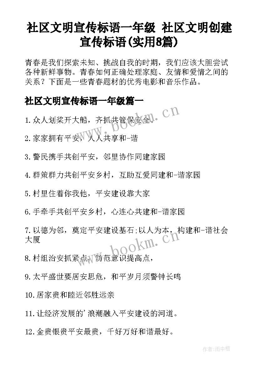 社区文明宣传标语一年级 社区文明创建宣传标语(实用8篇)