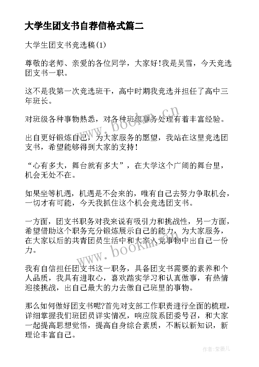 2023年大学生团支书自荐信格式 大学生团支书自荐信(精选7篇)