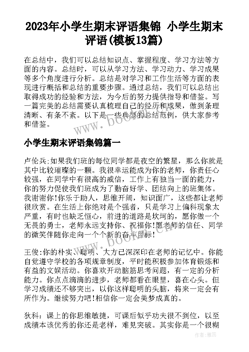 2023年小学生期末评语集锦 小学生期末评语(模板13篇)