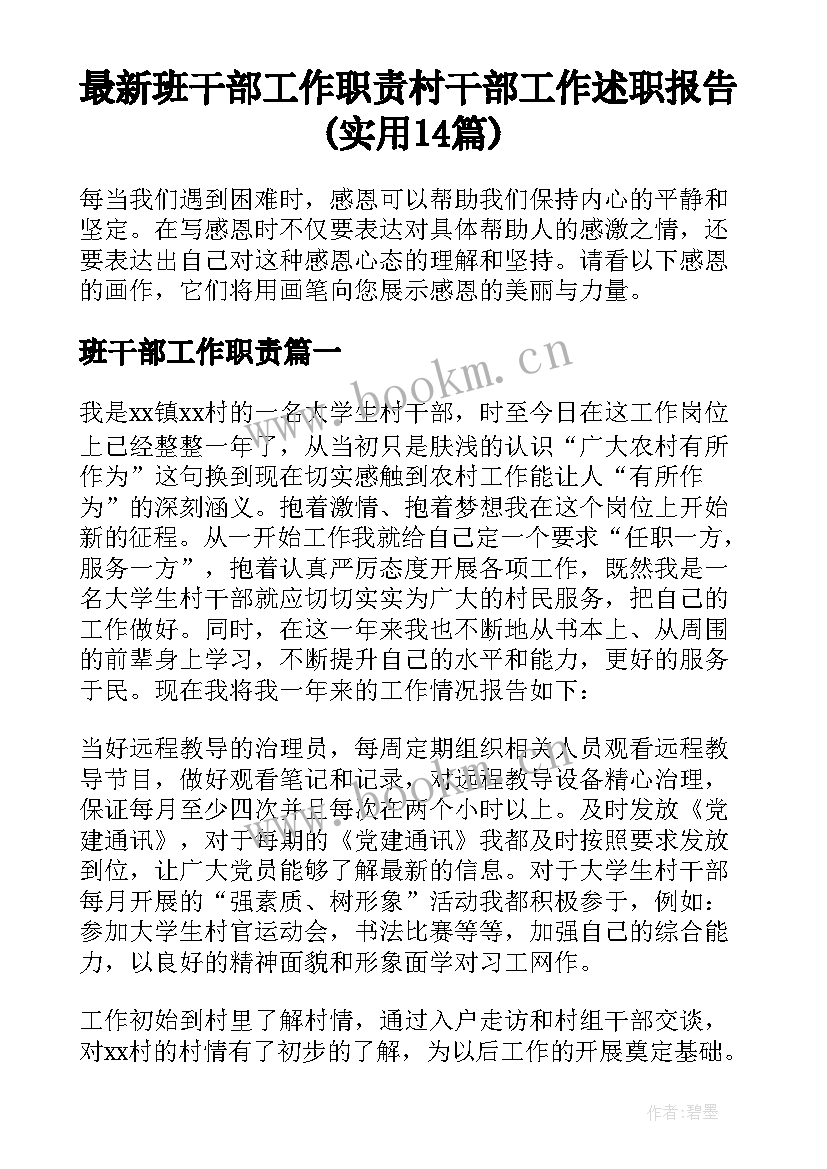 最新班干部工作职责 村干部工作述职报告(实用14篇)