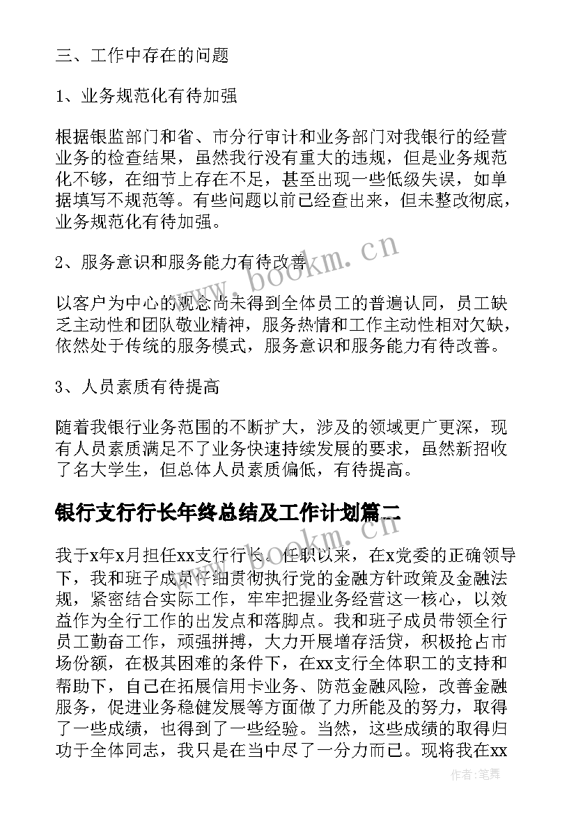 最新银行支行行长年终总结及工作计划(模板8篇)