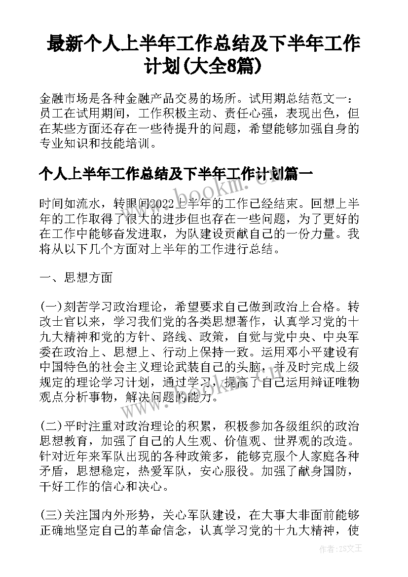 最新个人上半年工作总结及下半年工作计划(大全8篇)