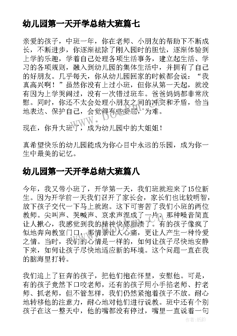 幼儿园第一天开学总结大班(精选8篇)