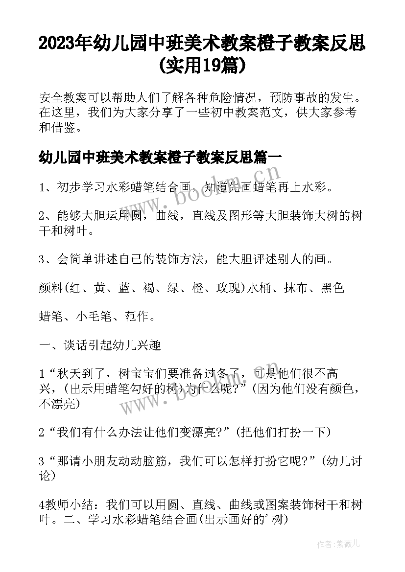 2023年幼儿园中班美术教案橙子教案反思(实用19篇)