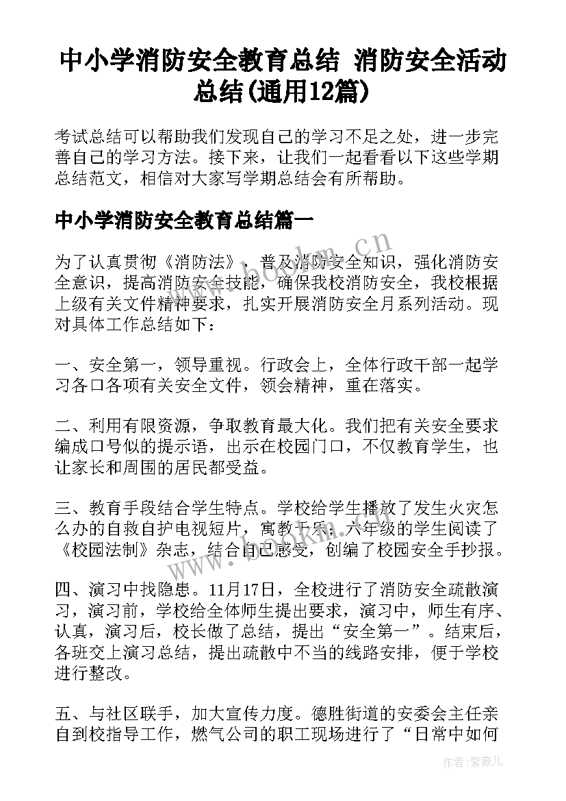 中小学消防安全教育总结 消防安全活动总结(通用12篇)