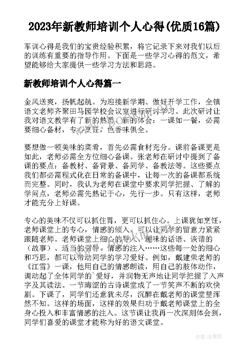 2023年新教师培训个人心得(优质16篇)