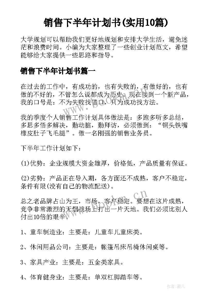 销售下半年计划书(实用10篇)