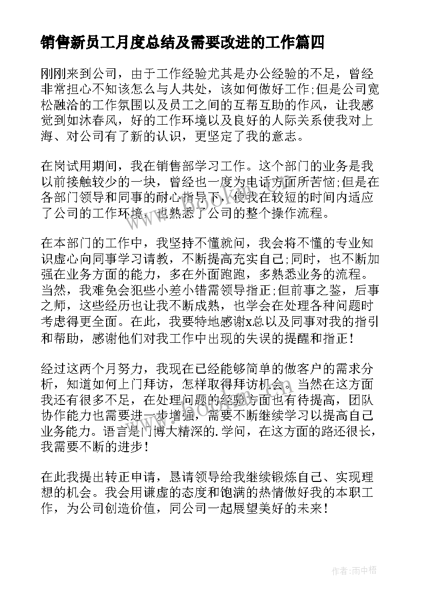 2023年销售新员工月度总结及需要改进的工作 新员工销售工作总结(优秀9篇)