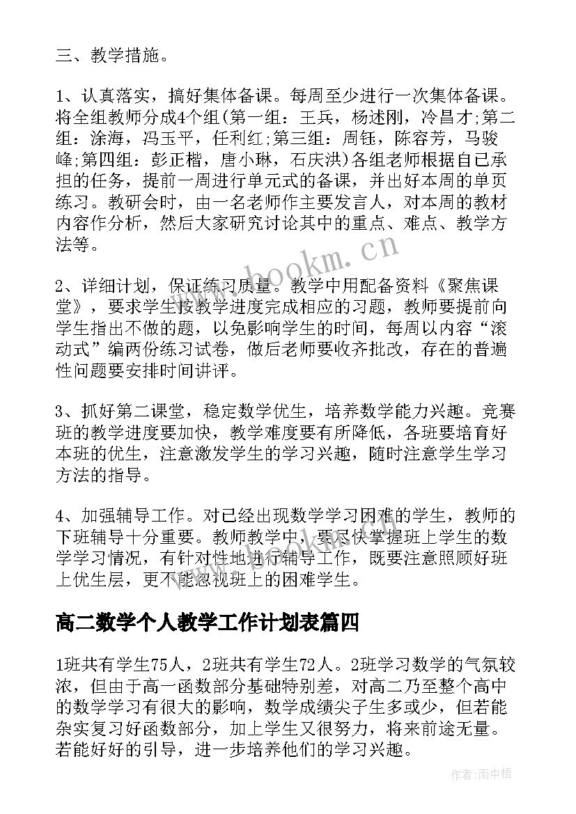 高二数学个人教学工作计划表 高二数学教学工作计划(精选11篇)