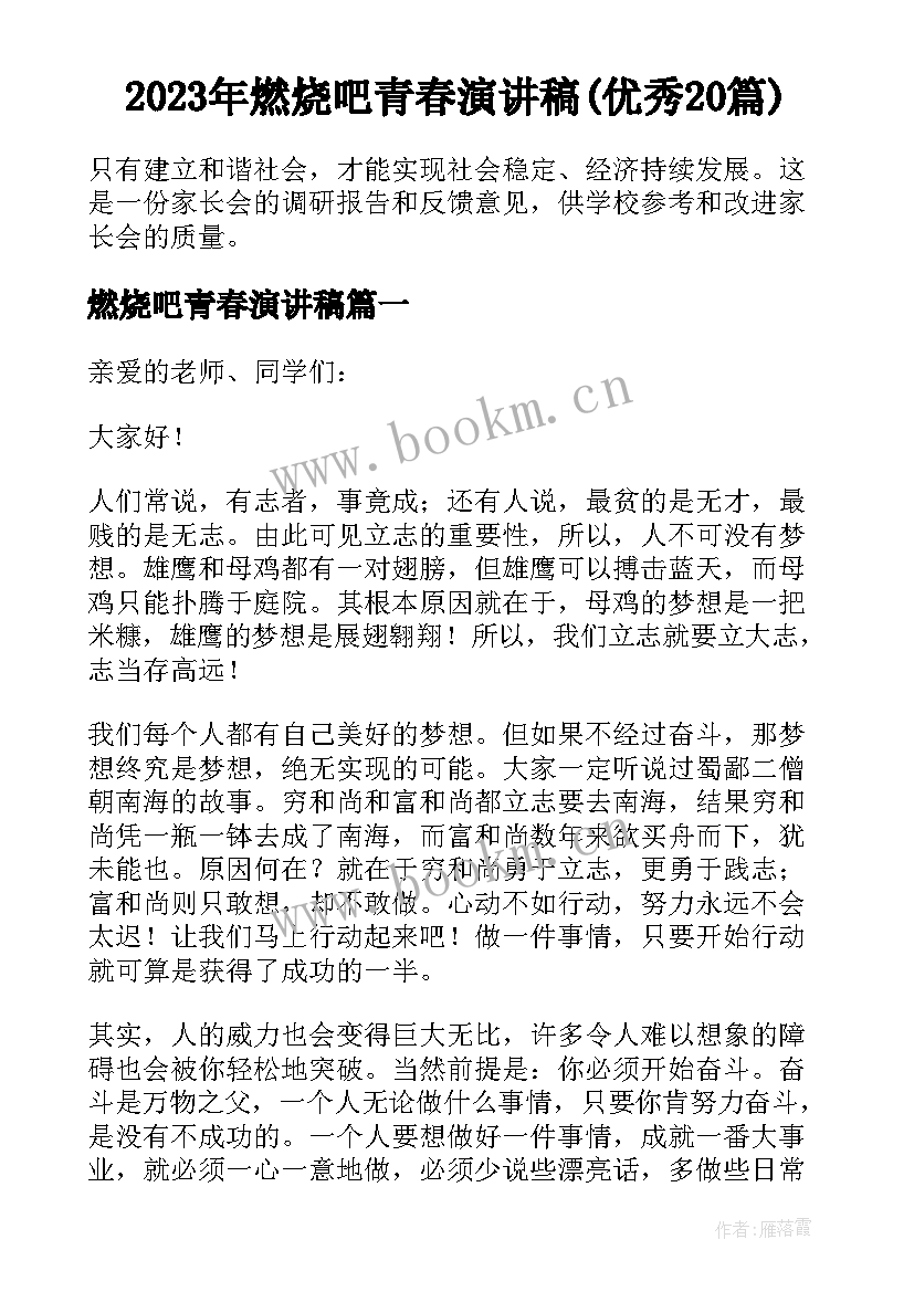 2023年燃烧吧青春演讲稿(优秀20篇)