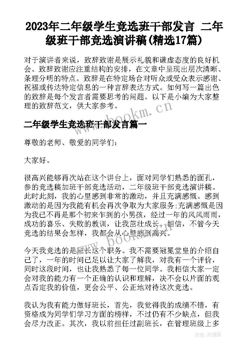 2023年二年级学生竞选班干部发言 二年级班干部竞选演讲稿(精选17篇)