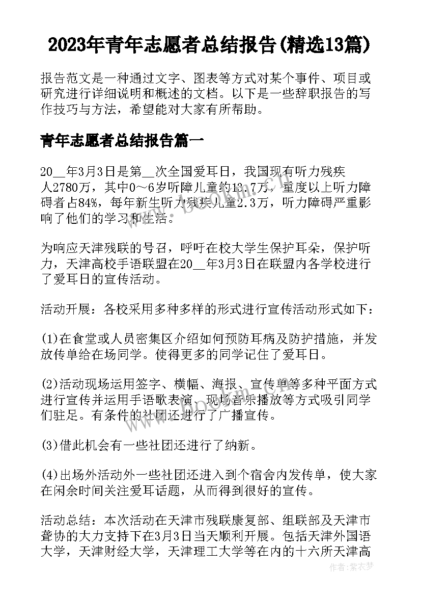 2023年青年志愿者总结报告(精选13篇)