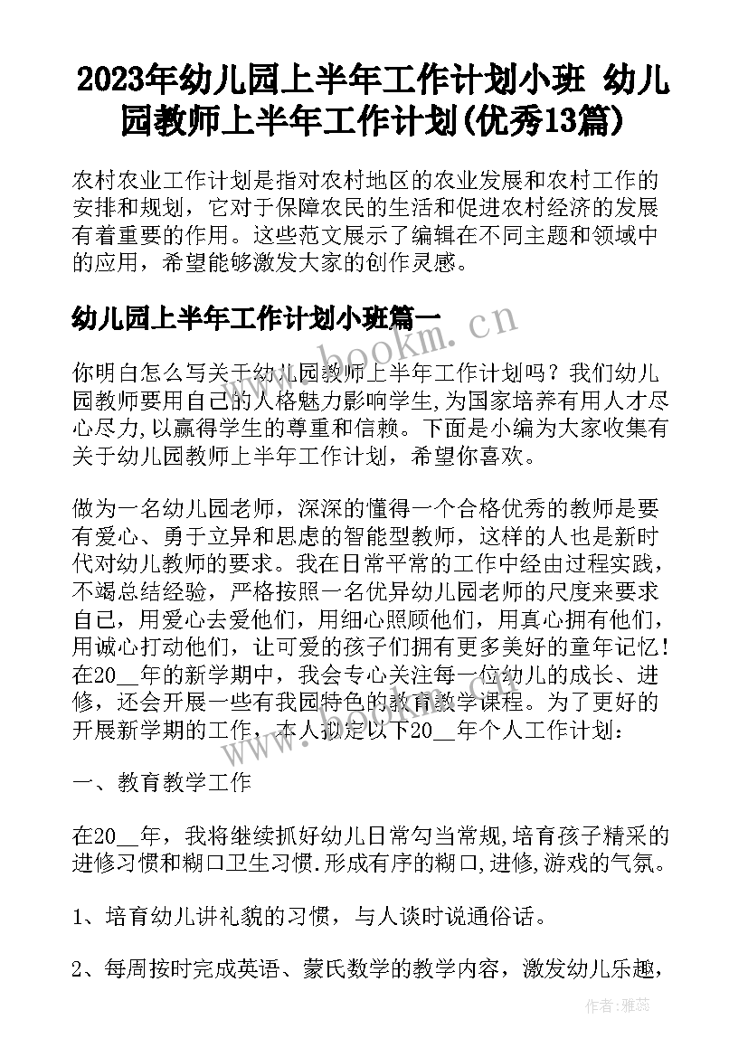 2023年幼儿园上半年工作计划小班 幼儿园教师上半年工作计划(优秀13篇)