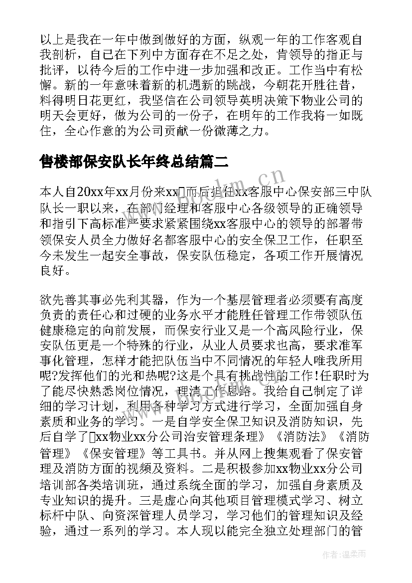 最新售楼部保安队长年终总结(模板18篇)