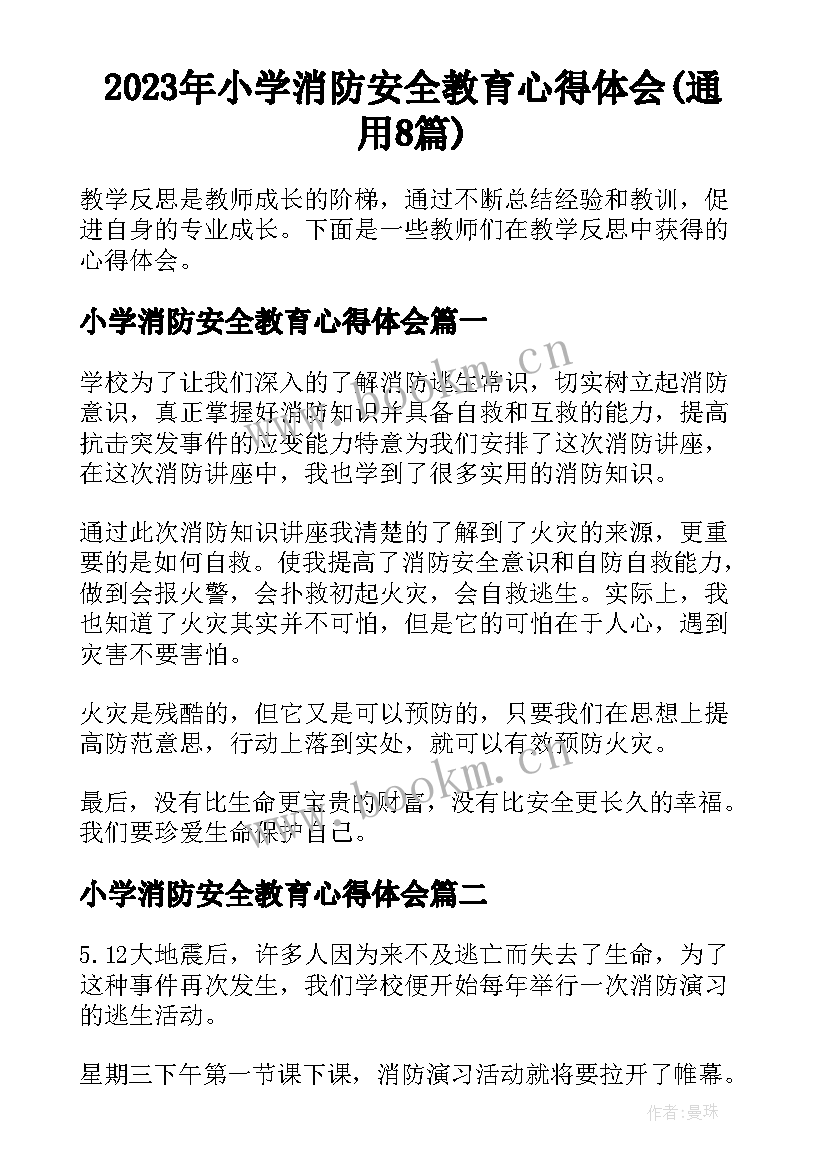 2023年小学消防安全教育心得体会(通用8篇)