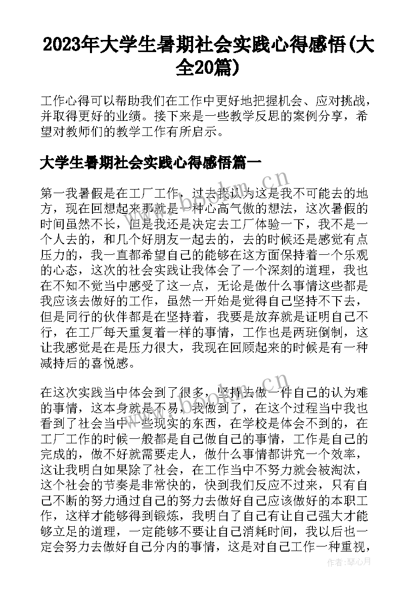 2023年大学生暑期社会实践心得感悟(大全20篇)