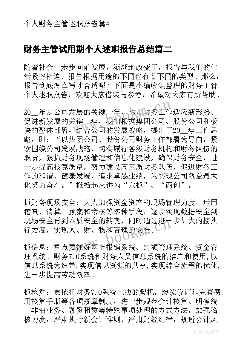 财务主管试用期个人述职报告总结(优质16篇)