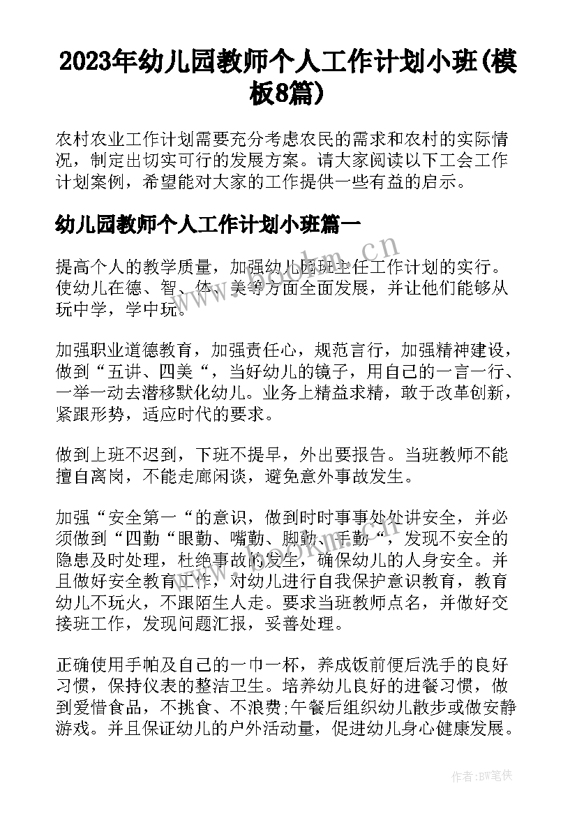 2023年幼儿园教师个人工作计划小班(模板8篇)