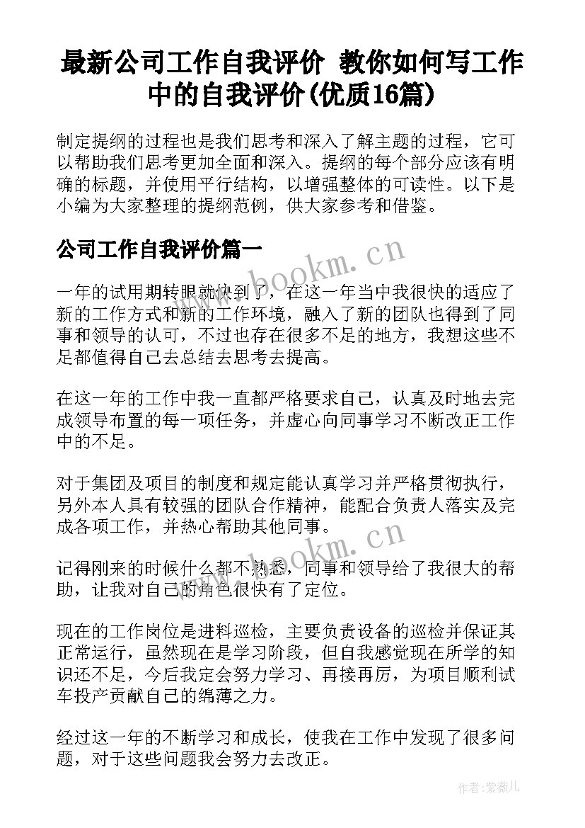 最新公司工作自我评价 教你如何写工作中的自我评价(优质16篇)