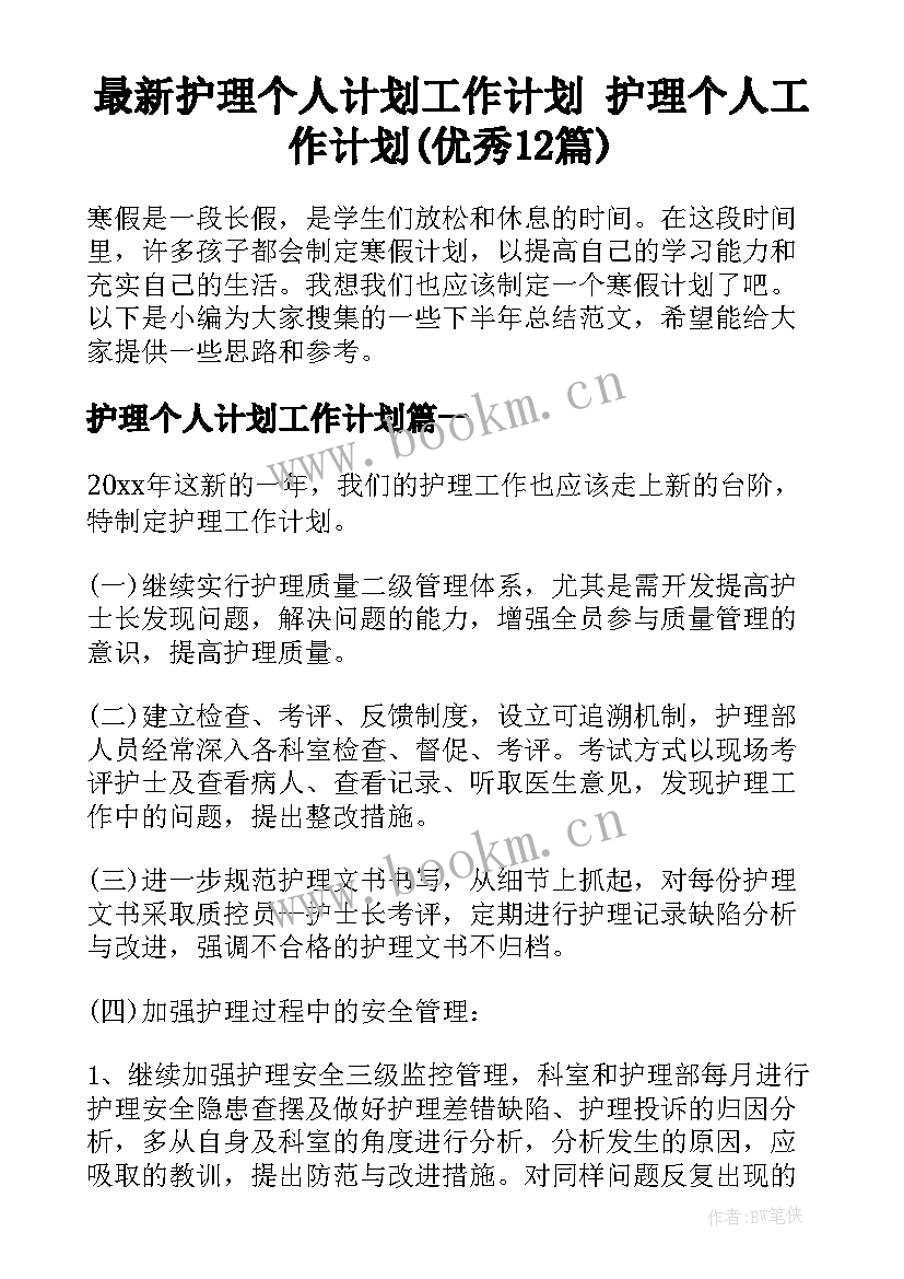 最新护理个人计划工作计划 护理个人工作计划(优秀12篇)