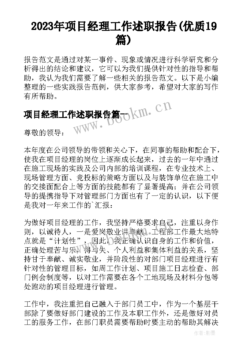 2023年项目经理工作述职报告(优质19篇)