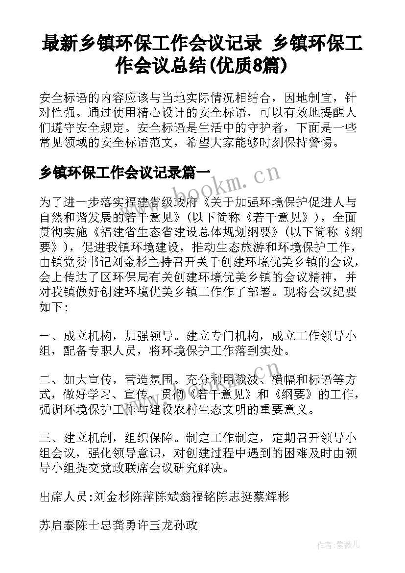 最新乡镇环保工作会议记录 乡镇环保工作会议总结(优质8篇)