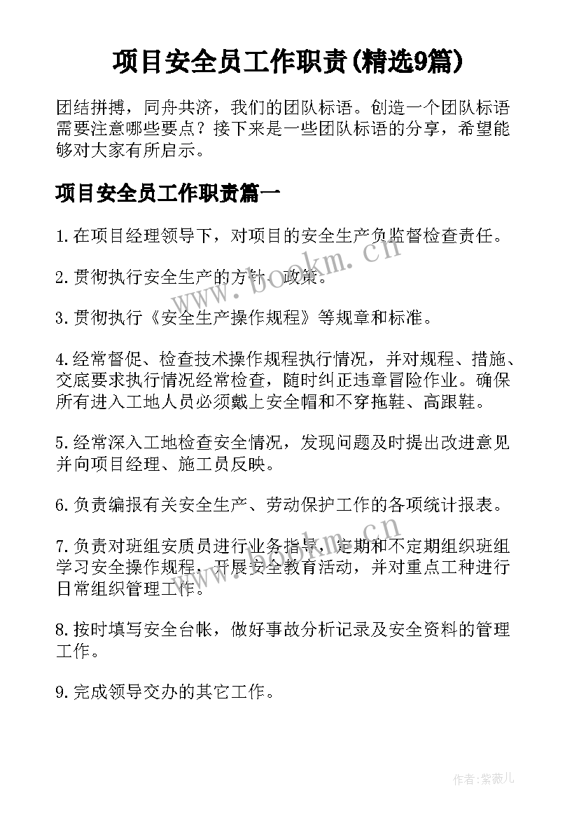 项目安全员工作职责(精选9篇)