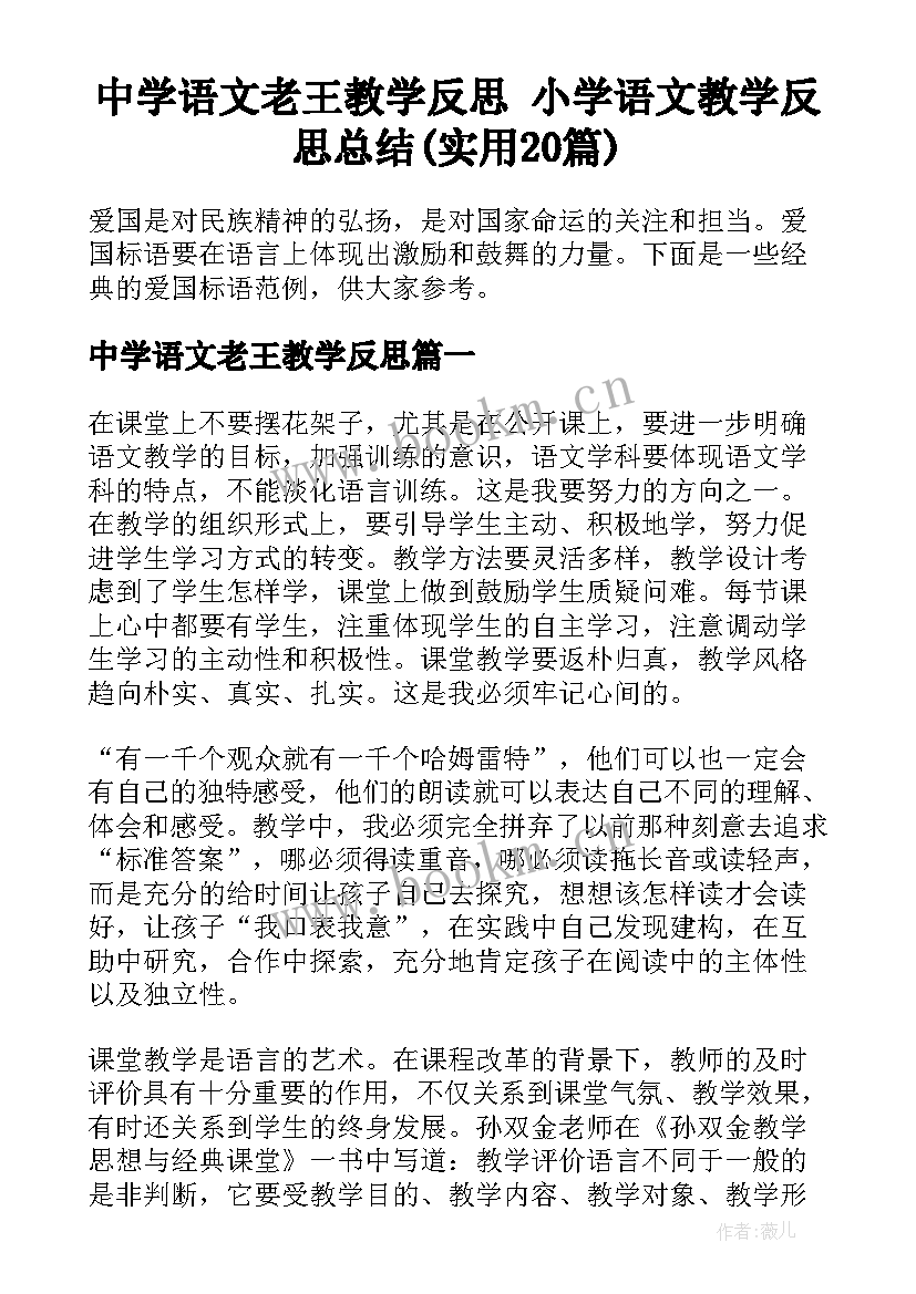 中学语文老王教学反思 小学语文教学反思总结(实用20篇)