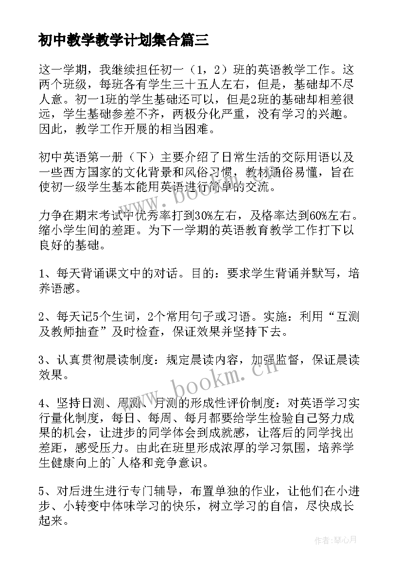 最新初中教学教学计划集合(实用8篇)