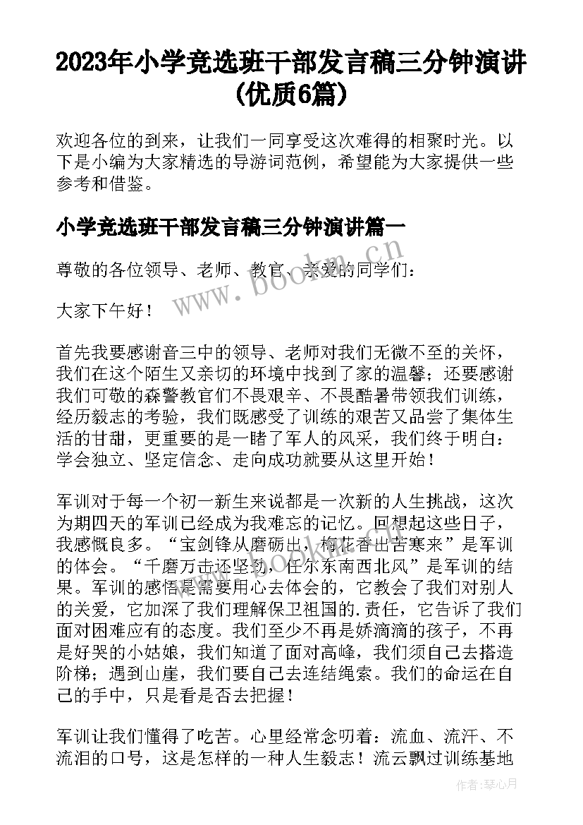 2023年小学竞选班干部发言稿三分钟演讲(优质6篇)