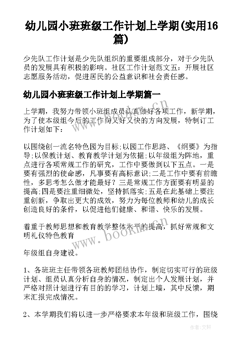 幼儿园小班班级工作计划上学期(实用16篇)