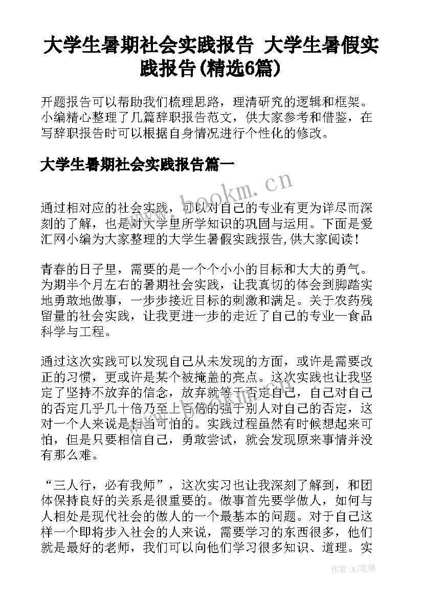 大学生暑期社会实践报告 大学生暑假实践报告(精选6篇)