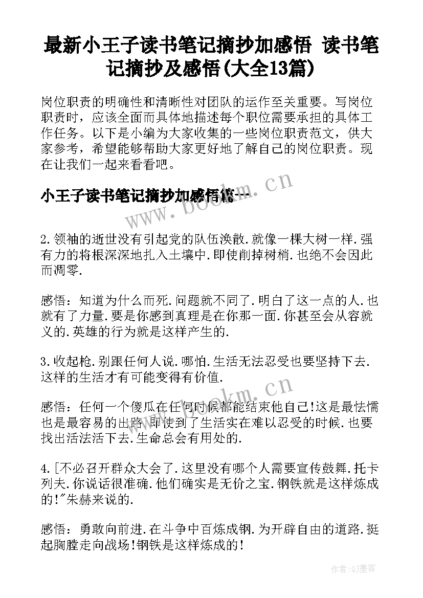 最新小王子读书笔记摘抄加感悟 读书笔记摘抄及感悟(大全13篇)