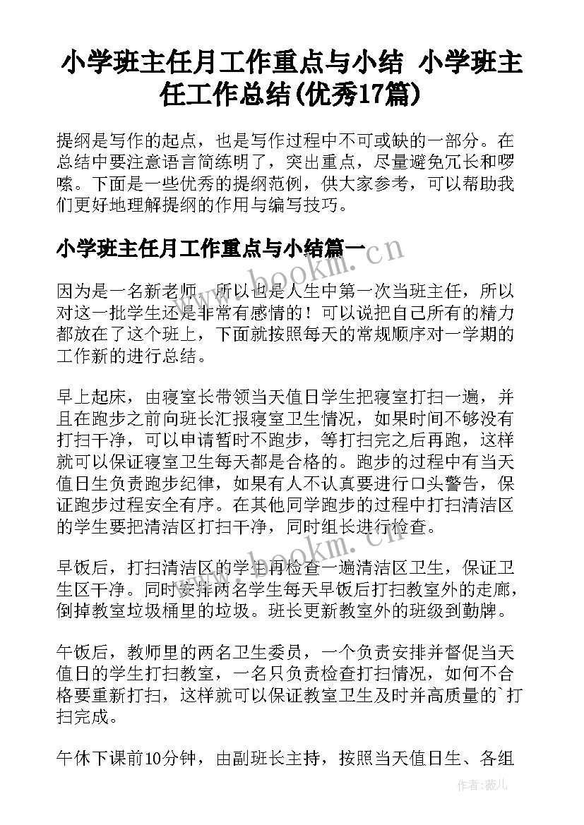 小学班主任月工作重点与小结 小学班主任工作总结(优秀17篇)