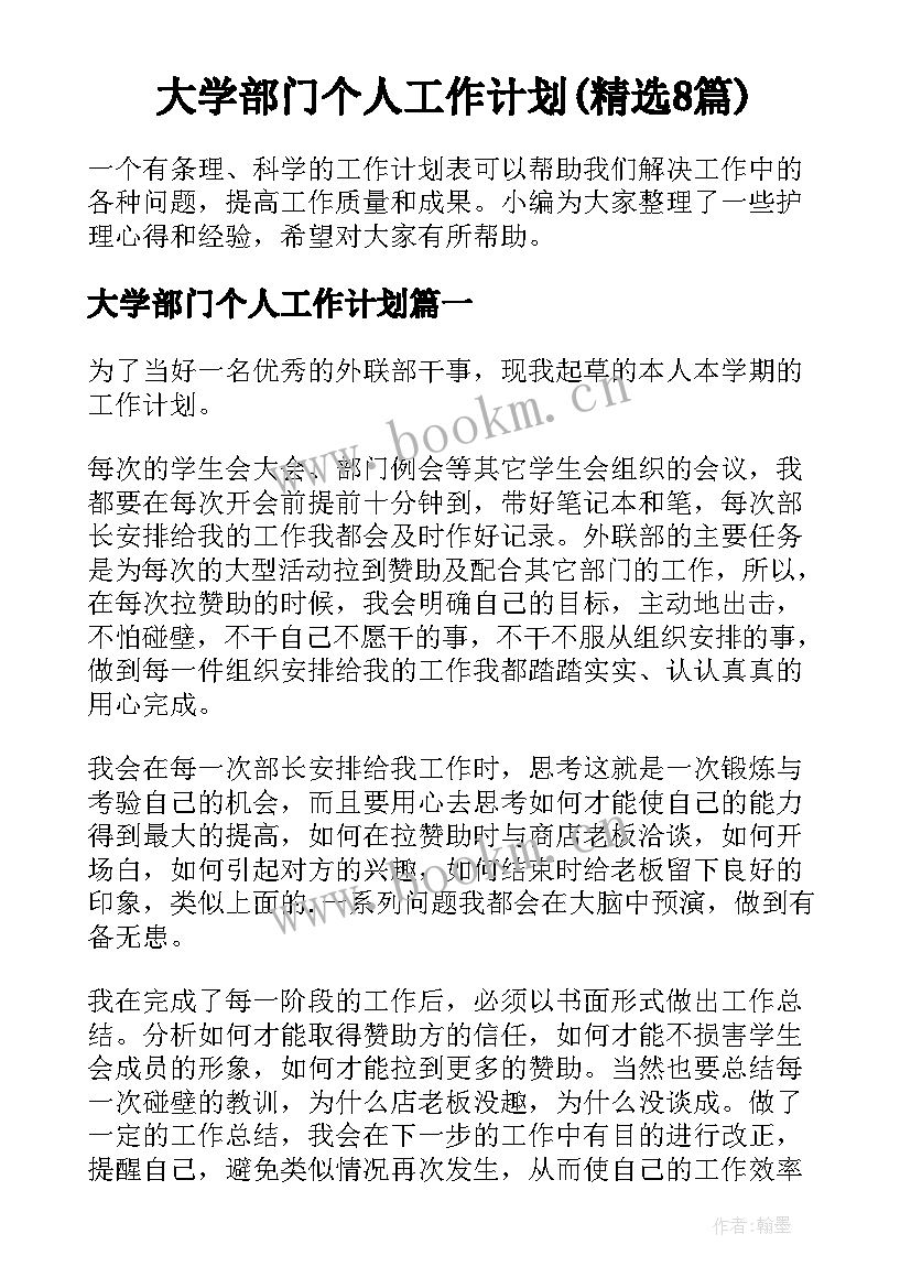 大学部门个人工作计划(精选8篇)