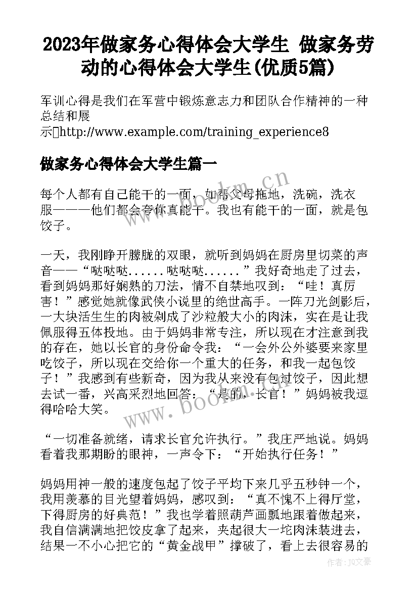 2023年做家务心得体会大学生 做家务劳动的心得体会大学生(优质5篇)