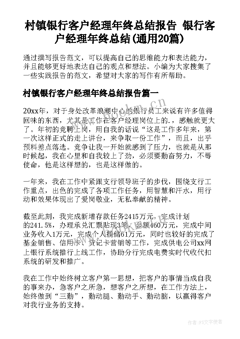 村镇银行客户经理年终总结报告 银行客户经理年终总结(通用20篇)