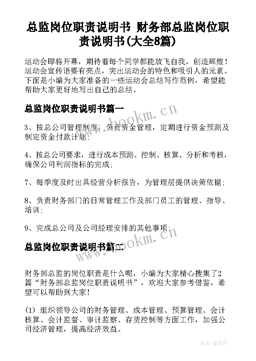 总监岗位职责说明书 财务部总监岗位职责说明书(大全8篇)