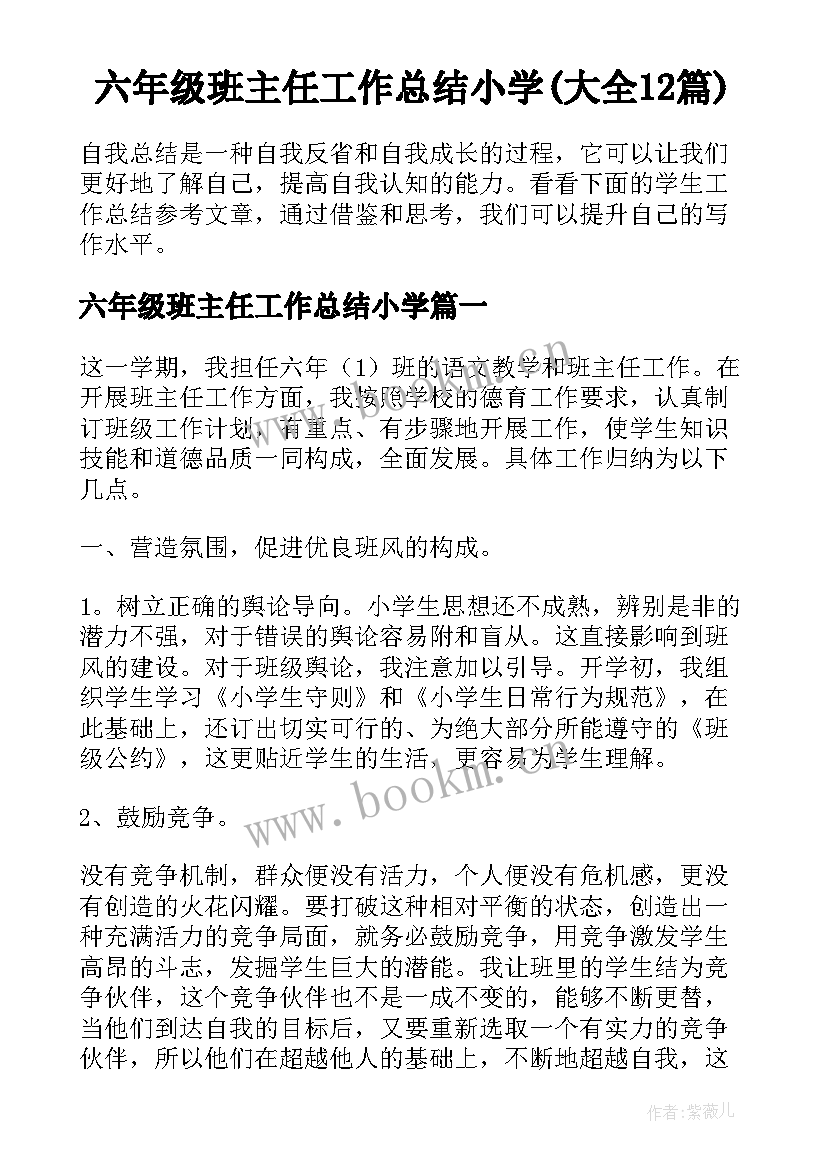 六年级班主任工作总结小学(大全12篇)