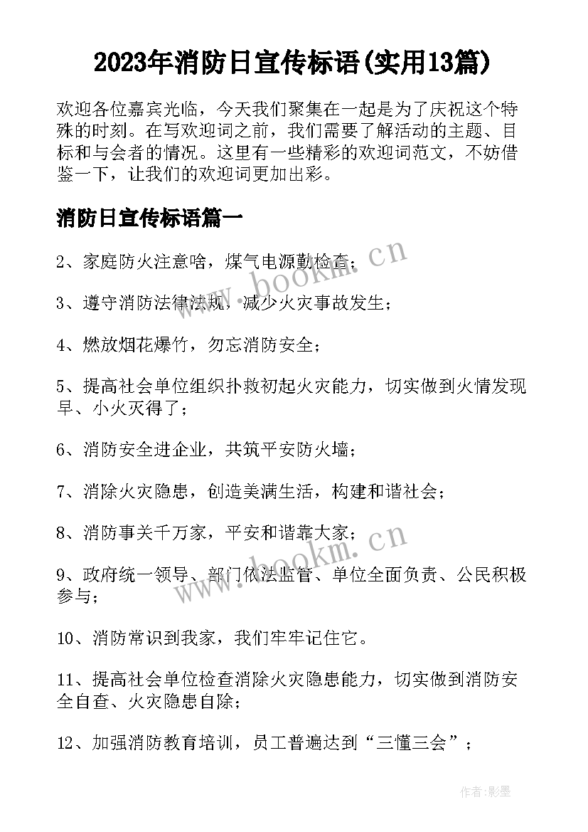 2023年消防日宣传标语(实用13篇)