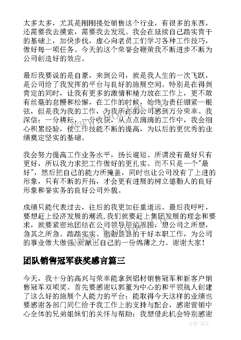 最新团队销售冠军获奖感言(模板19篇)