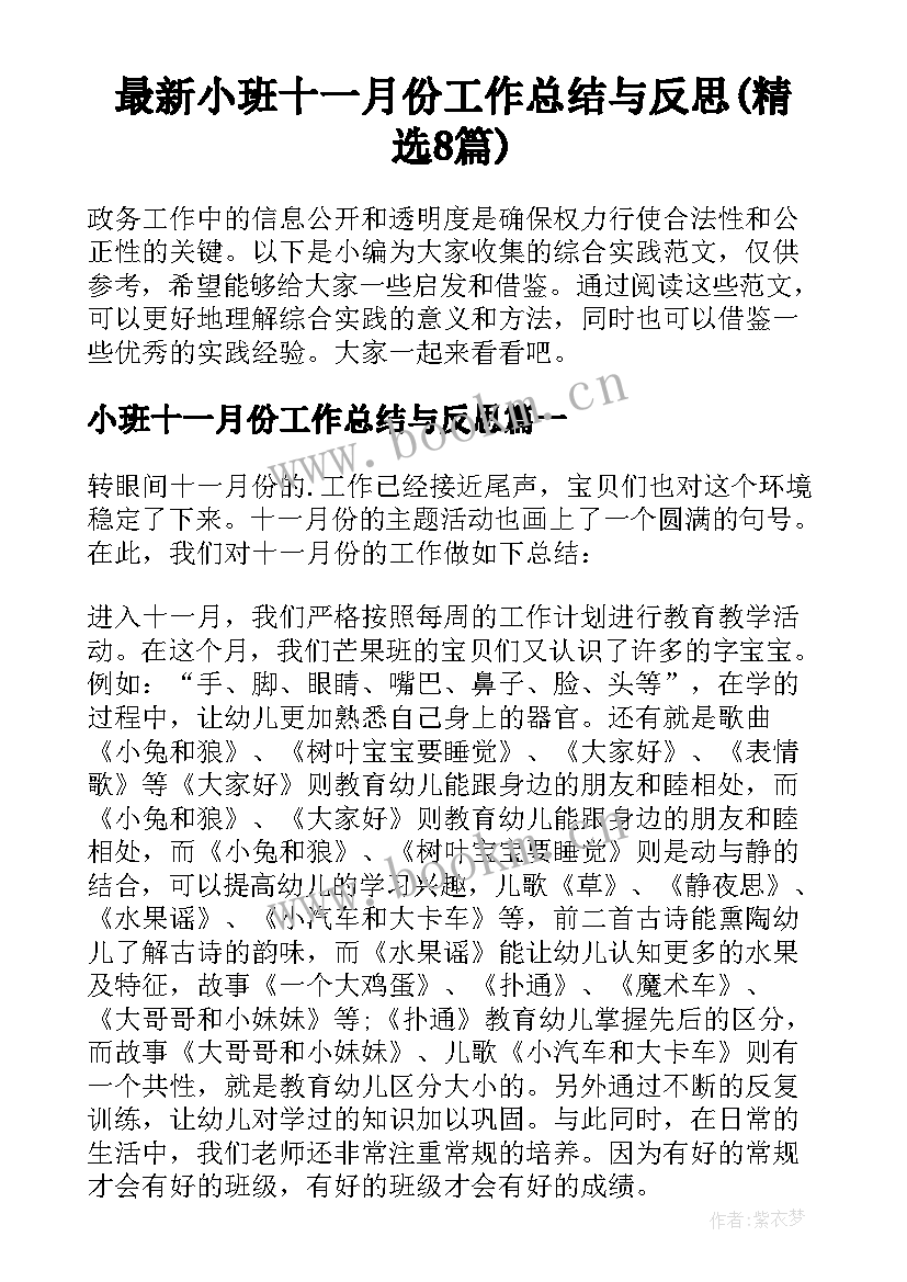 最新小班十一月份工作总结与反思(精选8篇)