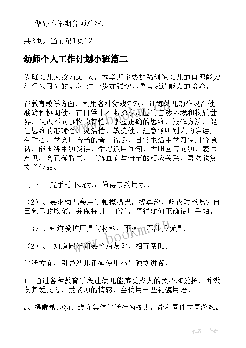 幼师个人工作计划小班 幼儿园小班个人计划(优质15篇)