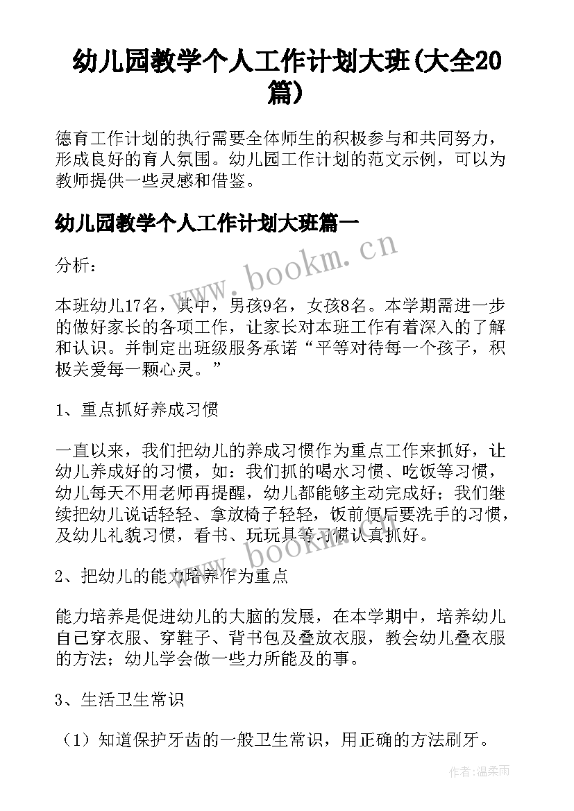 幼儿园教学个人工作计划大班(大全20篇)