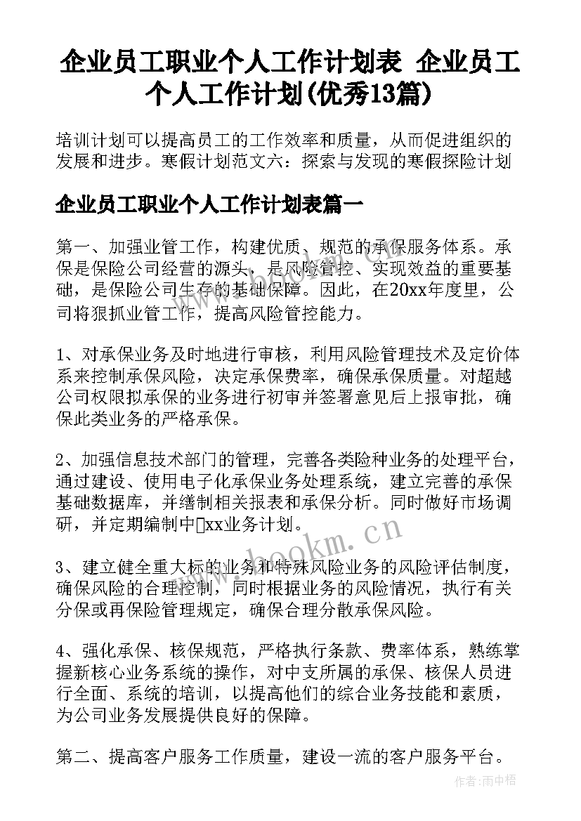 企业员工职业个人工作计划表 企业员工个人工作计划(优秀13篇)