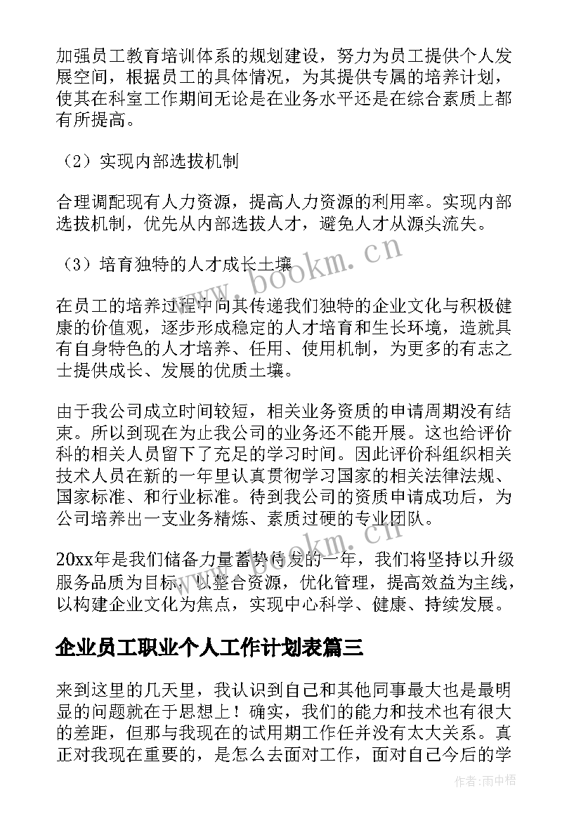 企业员工职业个人工作计划表 企业员工个人工作计划(优秀13篇)